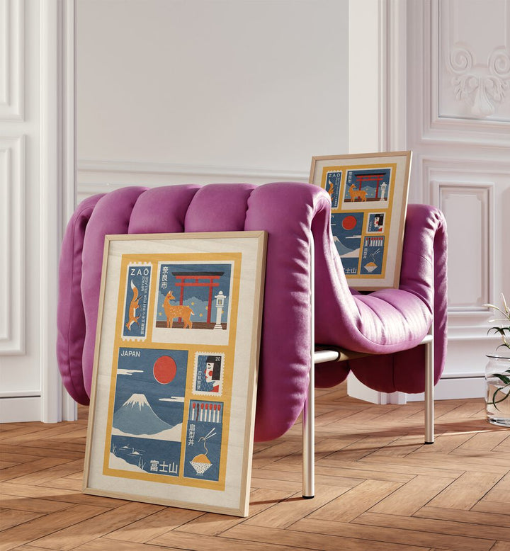 Japanese Emphemera Japanese Art Painting Artwork in plain oakwood frame beside pink sofa and one on pink sofa