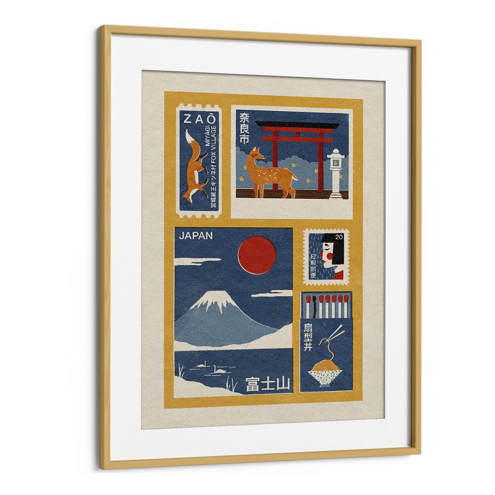 Japanese Emphemera Japanese Art Artwork in Oak Wood Frame With Mount