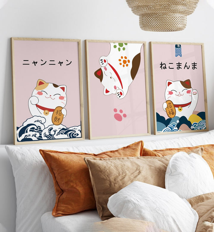 Japanese Kitty Set Japanese Art Artwork Set of 2 in plain oakwood frame above white sofa