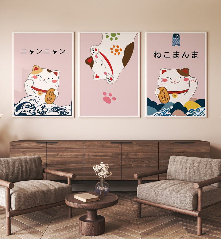 Japanese Kitty Set Japanese Art Artwork Set of 2 in plain white frame above wooden table for living room