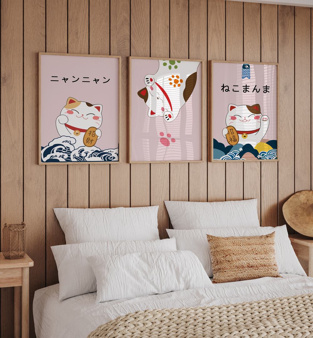 Japanese Kitty Set Japanese Art Artwork Set of 2 in plain oakwood frame for bedroom