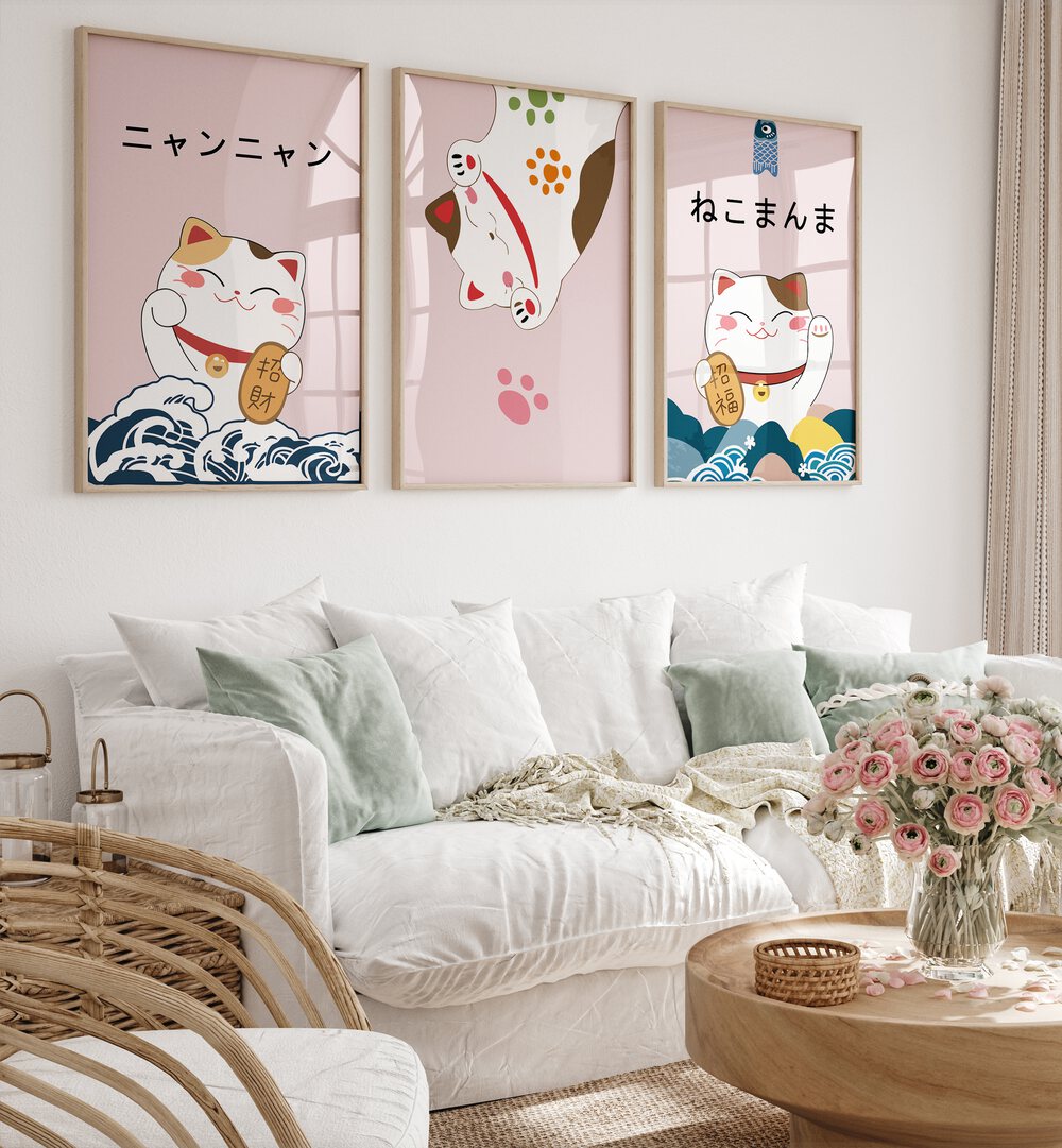 Japanese Kitty Set Japanese Art Artwork Set of 2 in plain oakwood frame above white sofa on white wall for living room