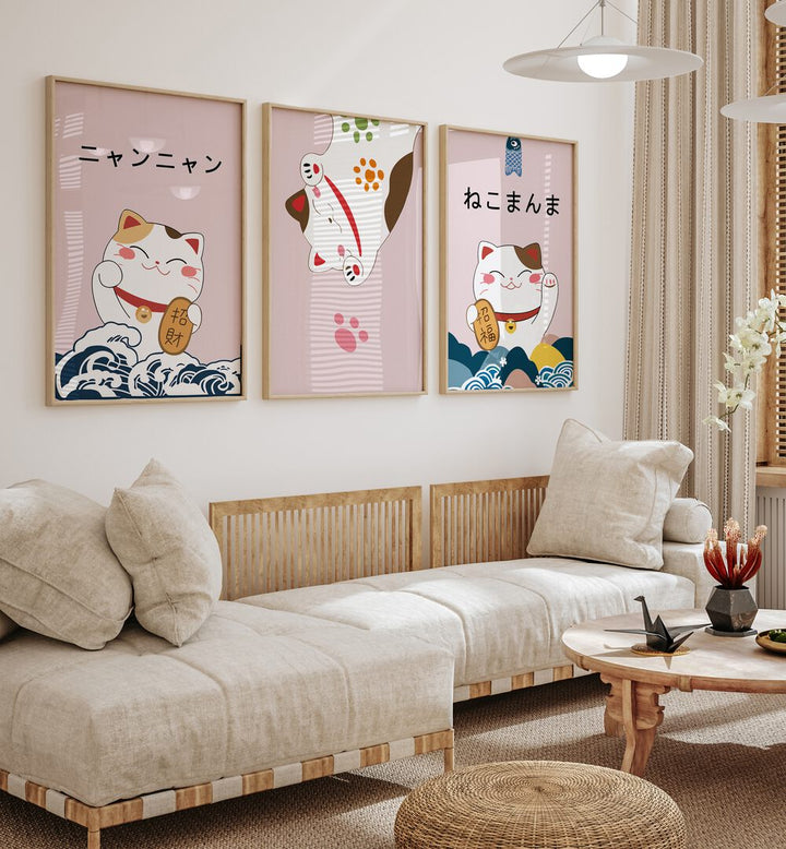 Japanese Kitty Set Japanese Art Artwork Set of 2 in plain oakwood frame above white sofa for living room