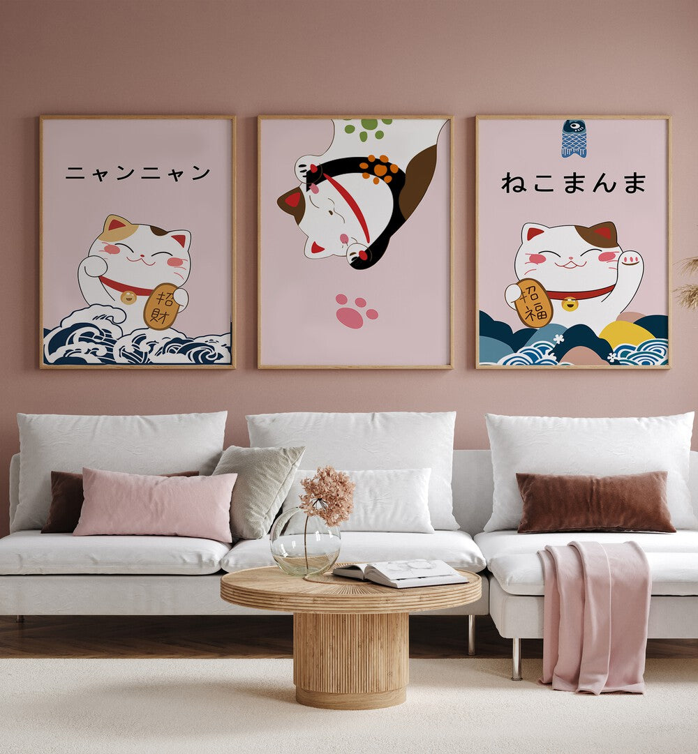 Japanese Kitty Set Japanese Art Artwork Set of 2 in plain oakwood frame above white sofa on pink wall for living room