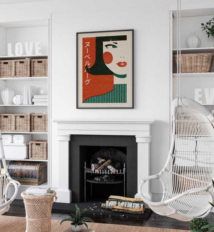 Japanese New Wave By Julia Leister Japanese Art Artwork in Black Plain Frame placed on a White Wall Above A Fire Place in the Living Room