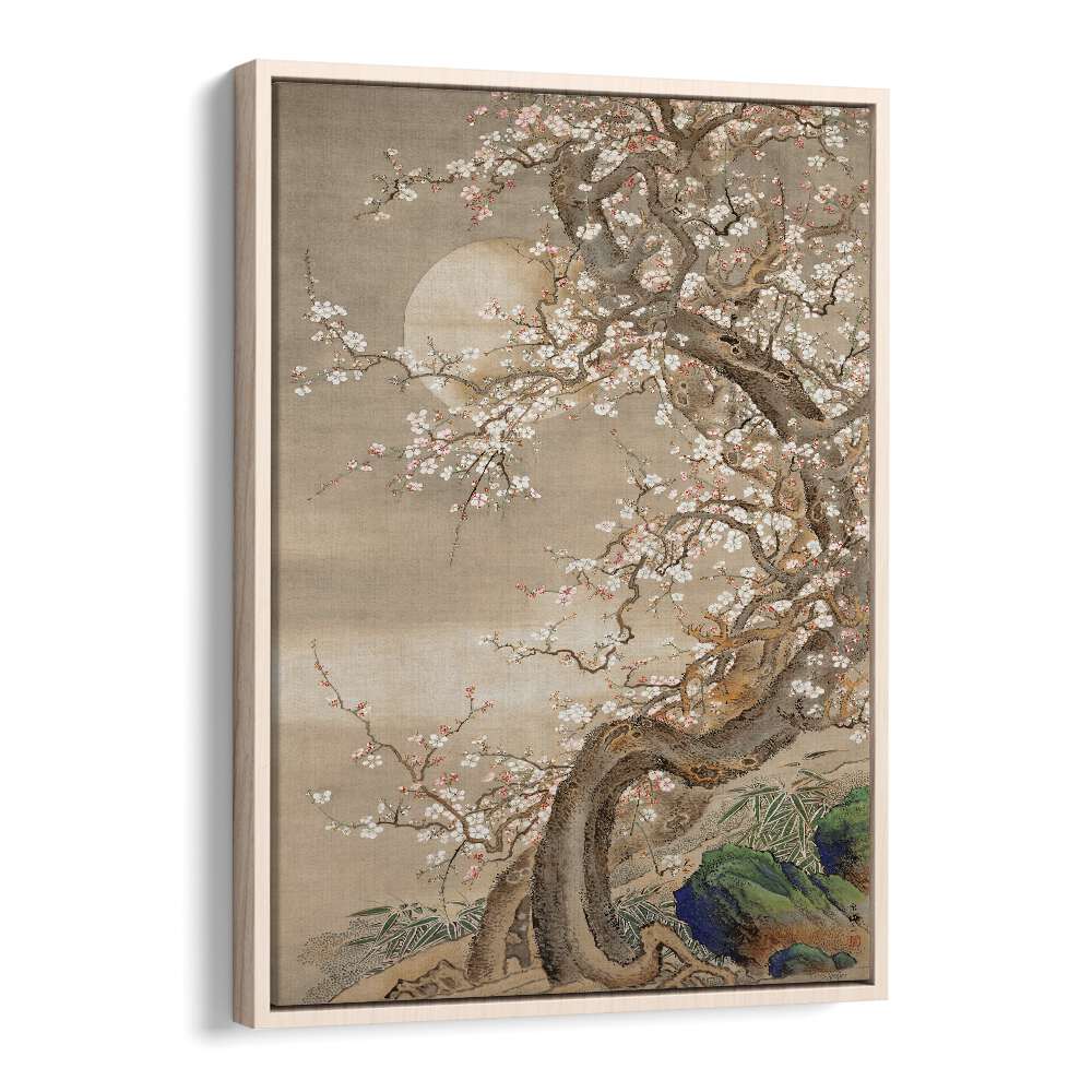 Japanese Plum Blossoms In Moonlight 18th Century Japanese Art Artwork in Oak Wood Floater Frame