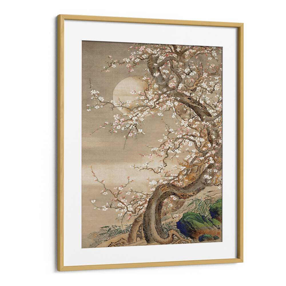 Japanese Plum Blossoms In Moonlight 18th Century Japanese Art Artwork in Oak Wood Frame With Mount