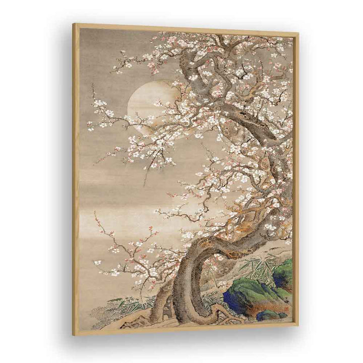 Japanese Plum Blossoms In Moonlight 18th Century Japanese Art Artwork in Oak Wood Plain Frame