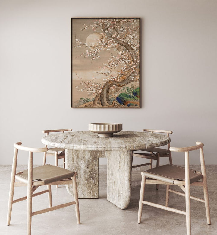 Japanese Plum Blossoms In Moonlight Japanese Art Artwork Placed on a wall In A Living Room 