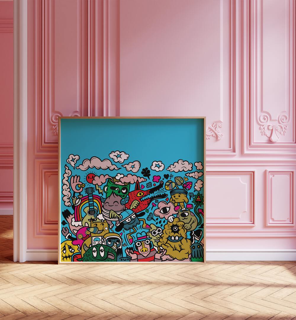 Jolly Jots Comic Art Artwork in Oak Wood Plain Frame Placed on a Wooden Floor Near A Pink Wall