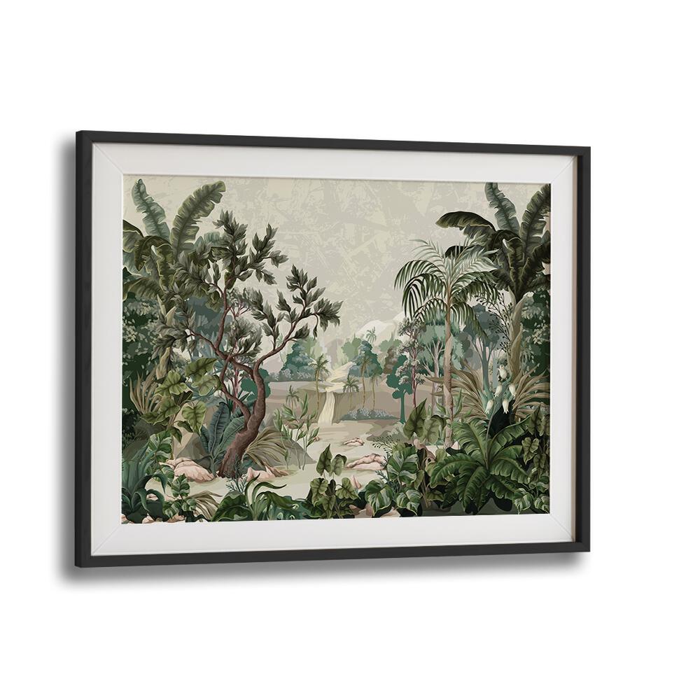 Jungle Landscape With River And Palms Botanical Art Print Artwork in Black Frame With Mount