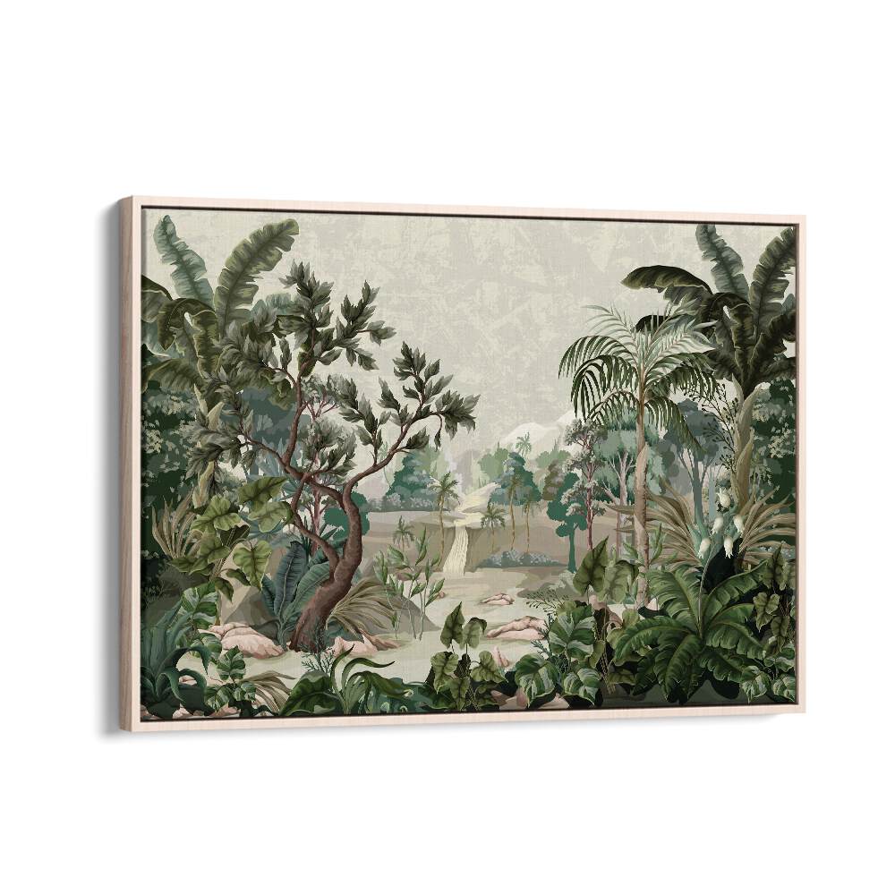 Jungle Landscape With River And Palms Botanical Art Print Artwork in Oak Wood Floater Frame