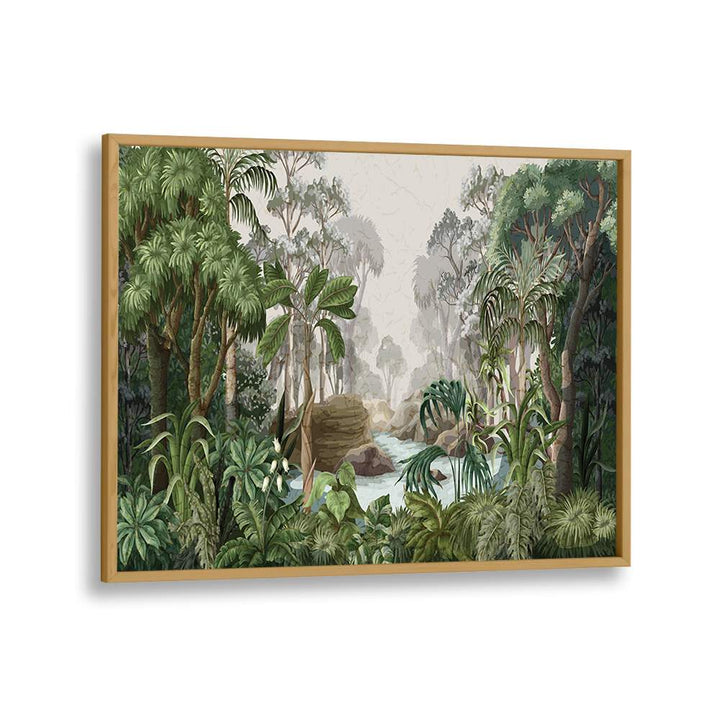 Jungle Landscape With River And Palms Botanical Art Print Artwork in Oak Wood Plain Frame