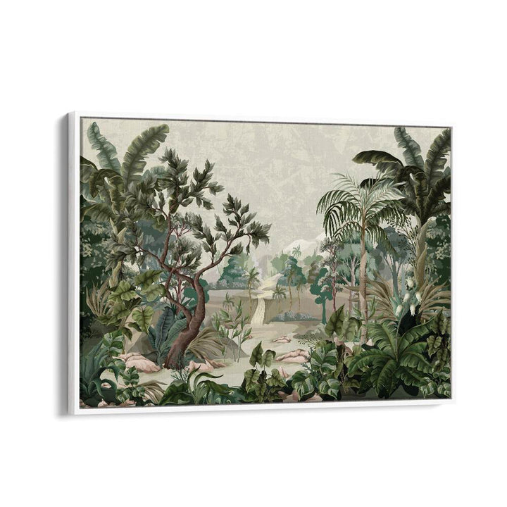 Jungle Landscape With River And Palms Botanical Art Print Artwork in White Floater Frame