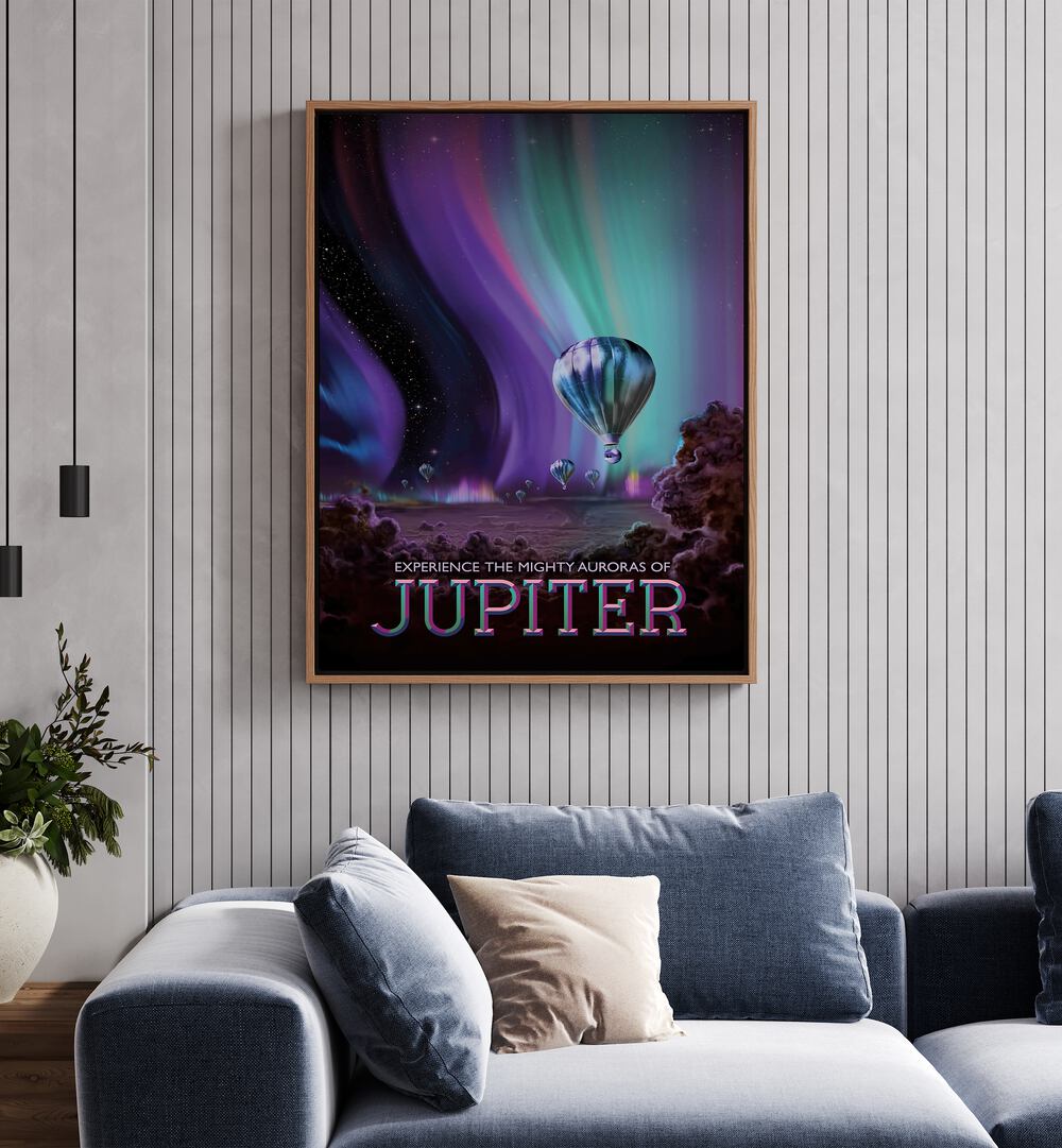 Jupiter Astronaut & Nasa Paintings, Space Art Prints Artwork in Oak Wood Floater Frame placed near a Blue Sofa in the Living Room

