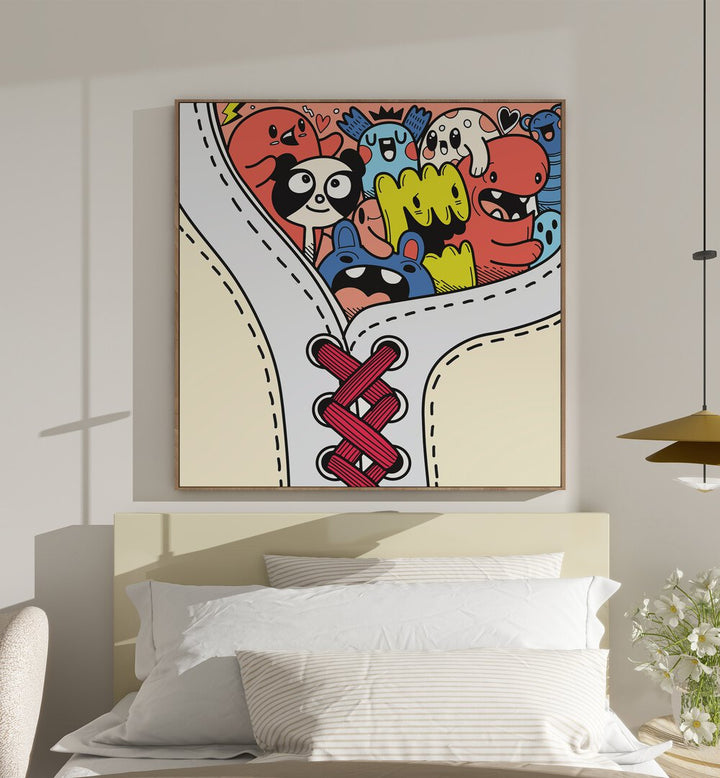 Just In A Shoe Comic Art Artwork in Oak Wood Plain Frame on a White Wall above a Bed Back