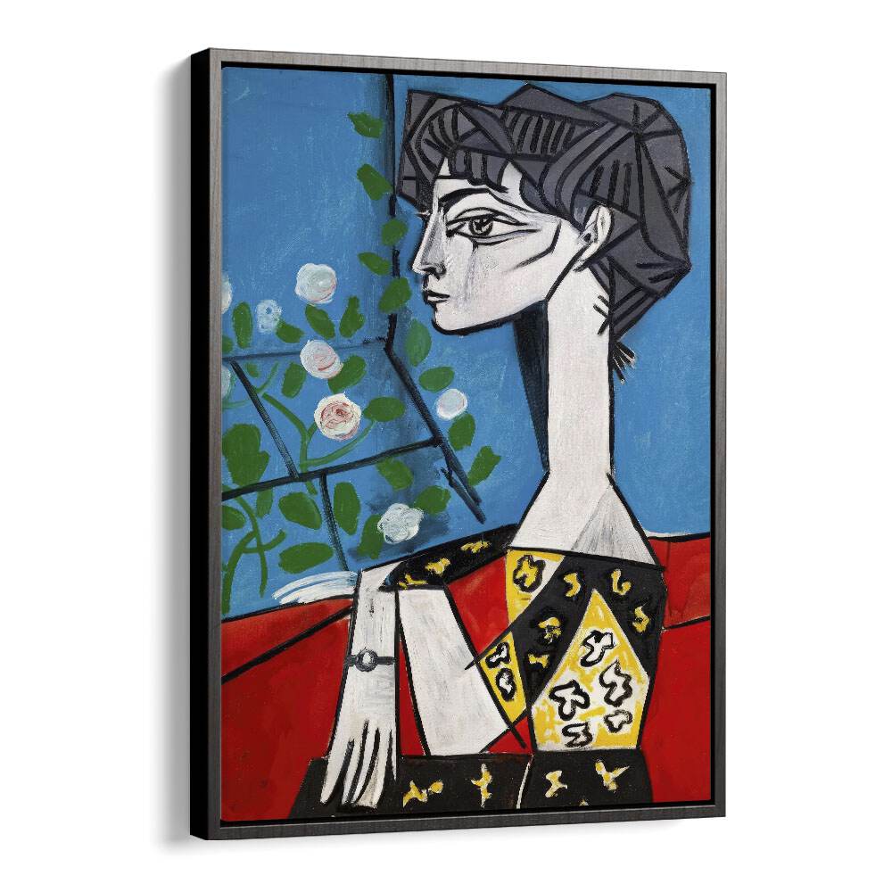 Jacqueline With Flowers By Pablo Picasso Vintage Paintings in Black Floater Frame