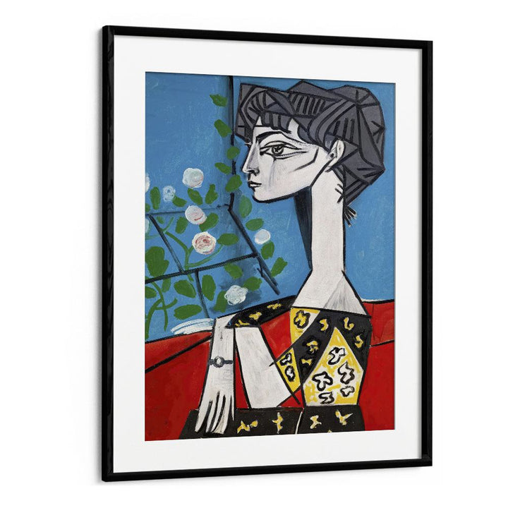 Jacqueline With Flowers By Pablo Picasso Vintage Paintings in Black Frame With Mount