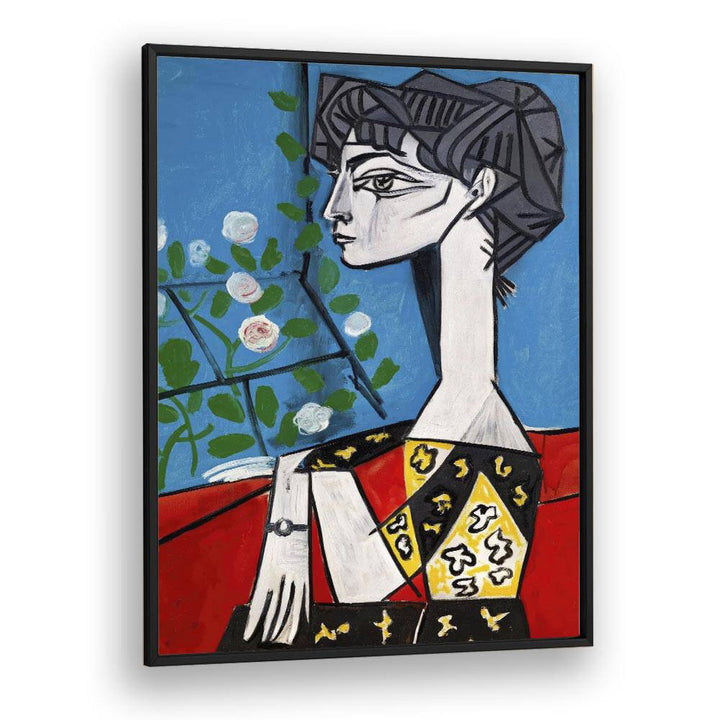 Jacqueline With Flowers By Pablo Picasso Vintage Paintings in Black Plain Frame