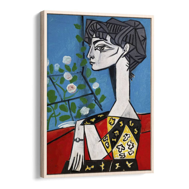 Jacqueline With Flowers By Pablo Picasso Vintage Paintings in Oak Wood Floater Frame