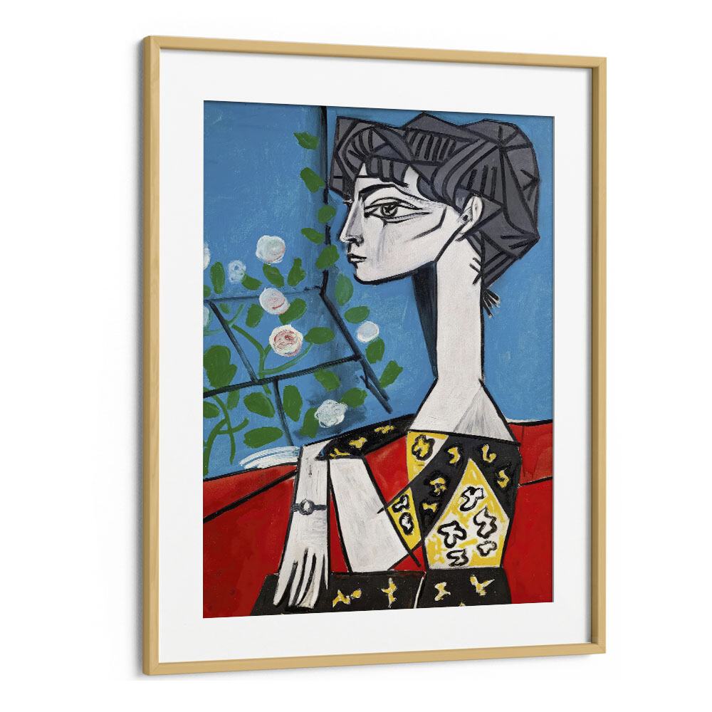 Jacqueline With Flowers By Pablo Picasso Vintage Paintings in Oak Wood Frame With Mount