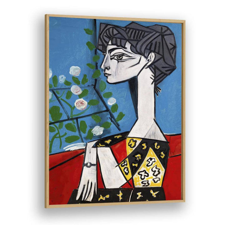 Jacqueline With Flowers By Pablo Picasso Vintage Paintings in Oak Wood Plain Frame