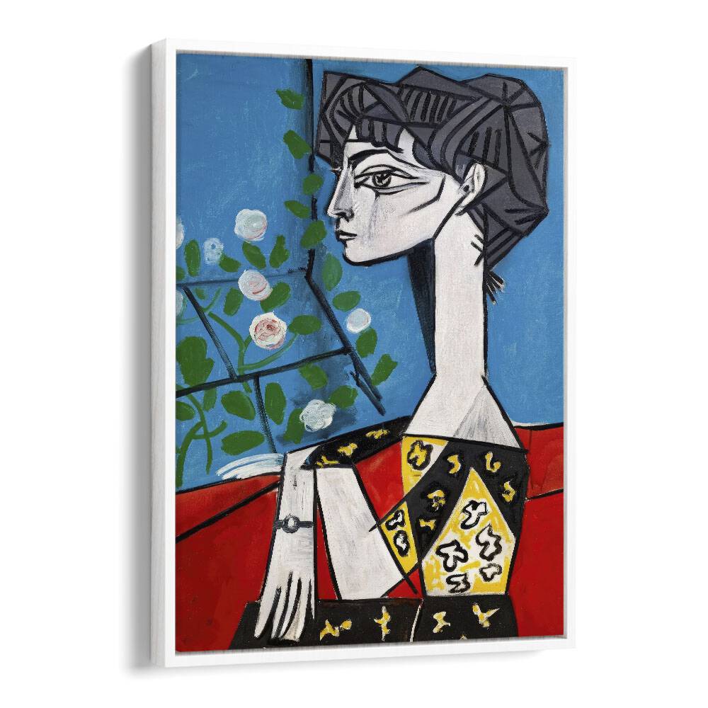 Jacqueline With Flowers By Pablo Picasso Vintage Paintings in White Floater Frame