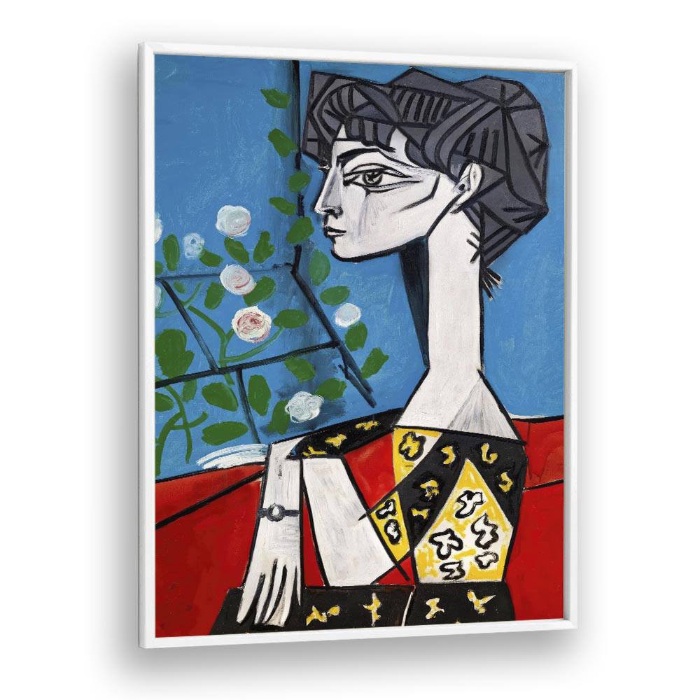 Jacqueline With Flowers By Pablo Picasso Vintage Paintings in White Plain Frame