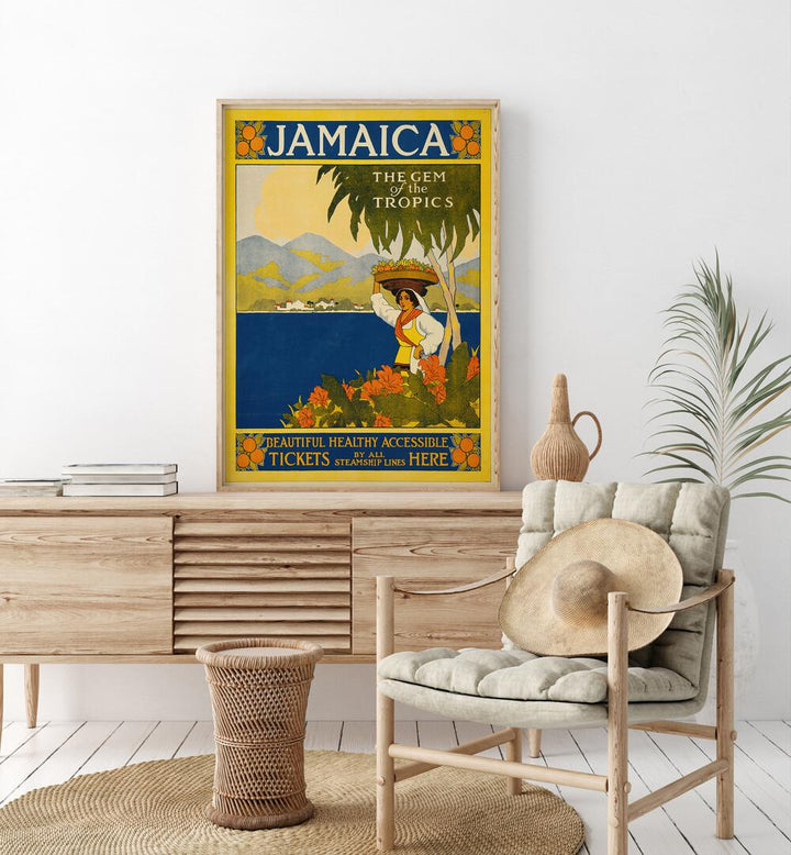 Jamaica Retro Vintage Travel Vintage Travel Posters in Oak Wood Plain Frame on console beside a plant