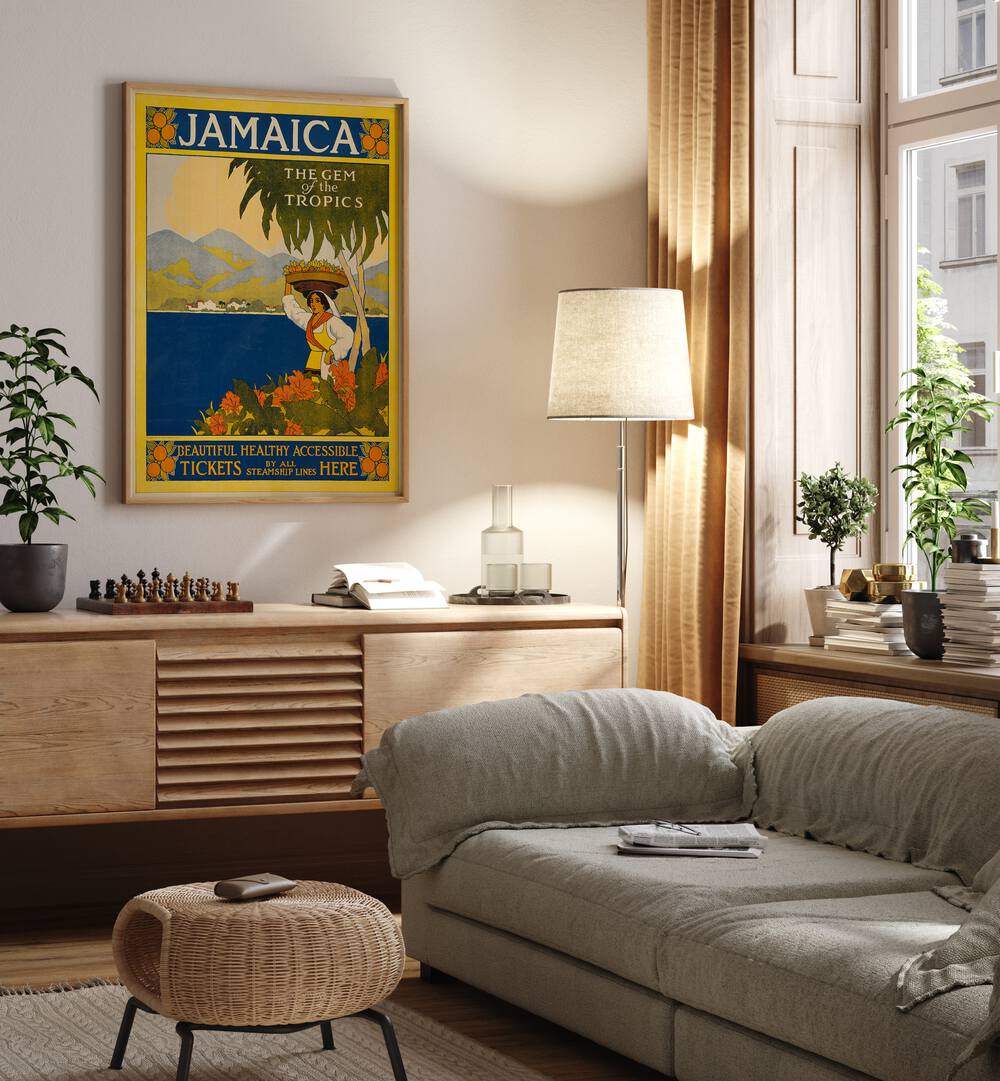 Jamaica Retro Vintage Travel Vintage Travel Posters in Oak Wood Plain Frame on a wall above a console table beside lamp