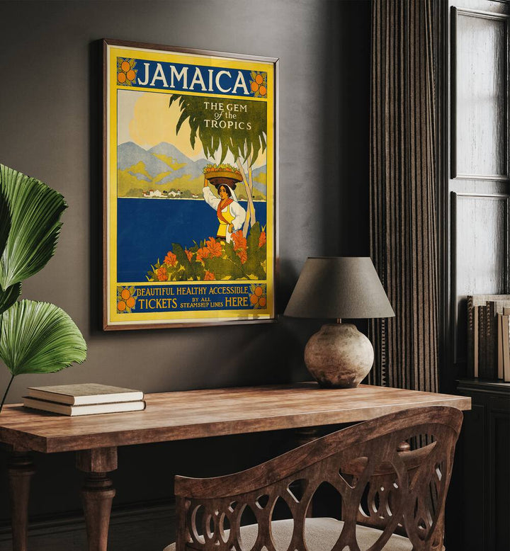 Jamaica Retro Vintage Travel Vintage Travel Posters in Dark Wood Plain Frame on wall above console table beside a plant