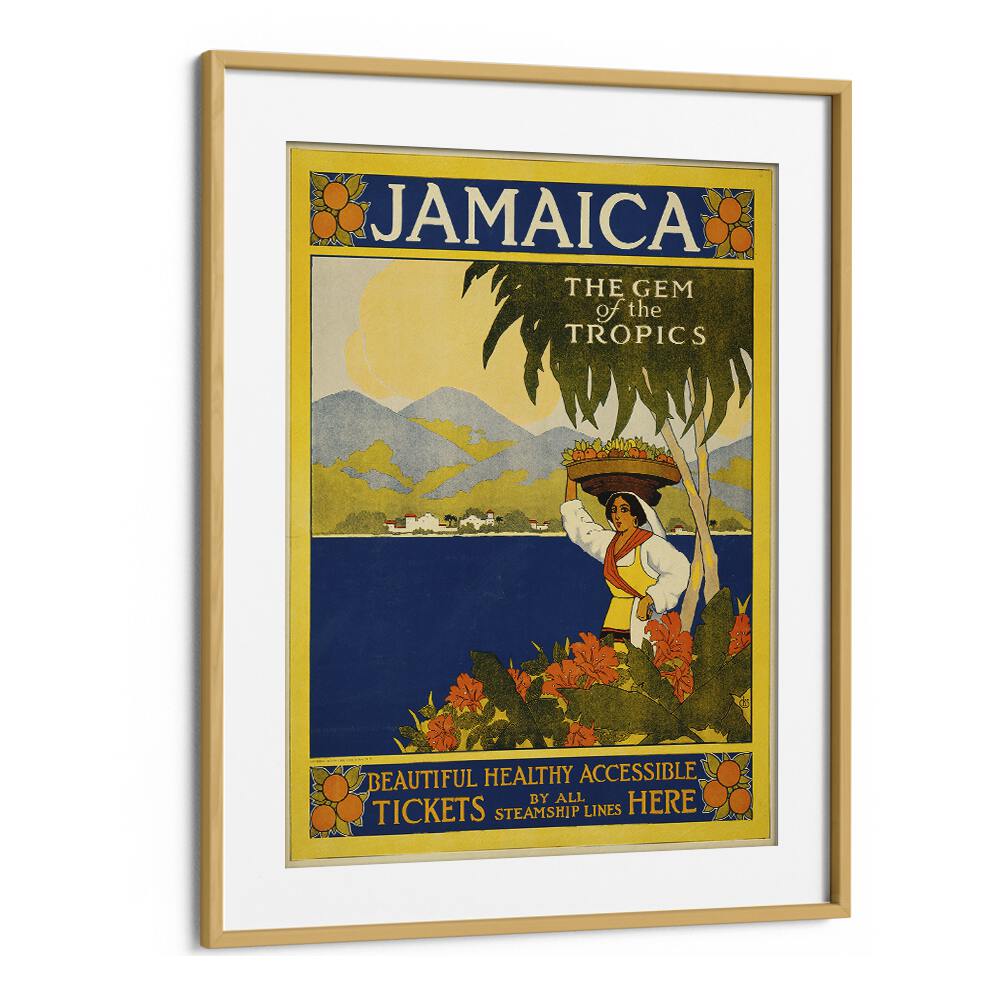 Jamaica Retro Vintage Travel Vintage Travel Posters in Oak Wood Frame With Mount