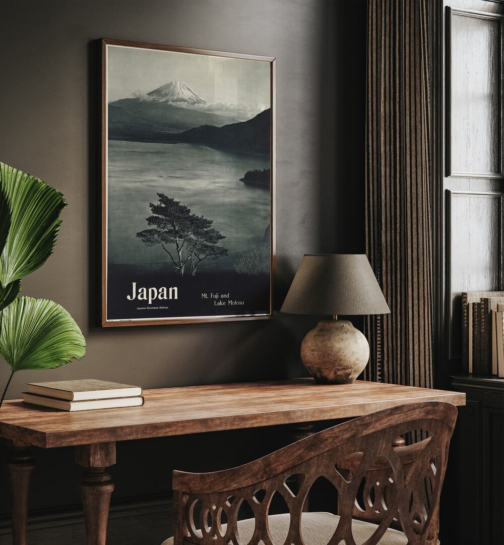 Japan-Mt Fuji  Retro Travel Posters in Oak Wood Plain Frame placed on a wall behind a study table