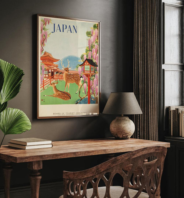 Japan Retro Art I  Vintage Travel Posters in Dark Wood Plain Frame placed on a wall behind a study table