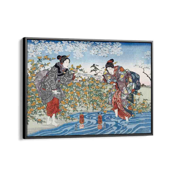 Japanese Girls By Ide Tama River 1847 By Utagawa Kuniyoshi Japanese Paintings in Black Floater Frame