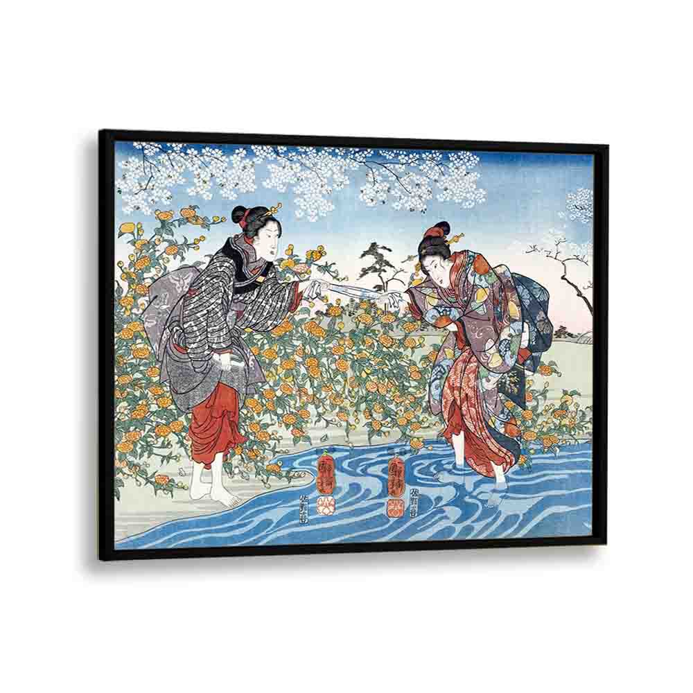 Japanese Girls By Ide Tama River 1847 By Utagawa Kuniyoshi Japanese Paintings in Black Plain Frame