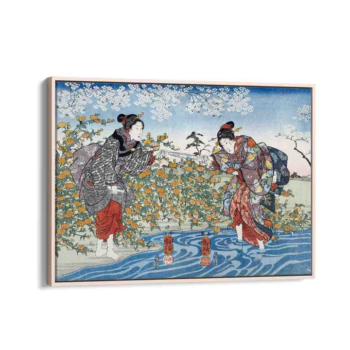 Japanese Girls By Ide Tama River 1847 By Utagawa Kuniyoshi Japanese Paintings in Oak Wood Floater Frame