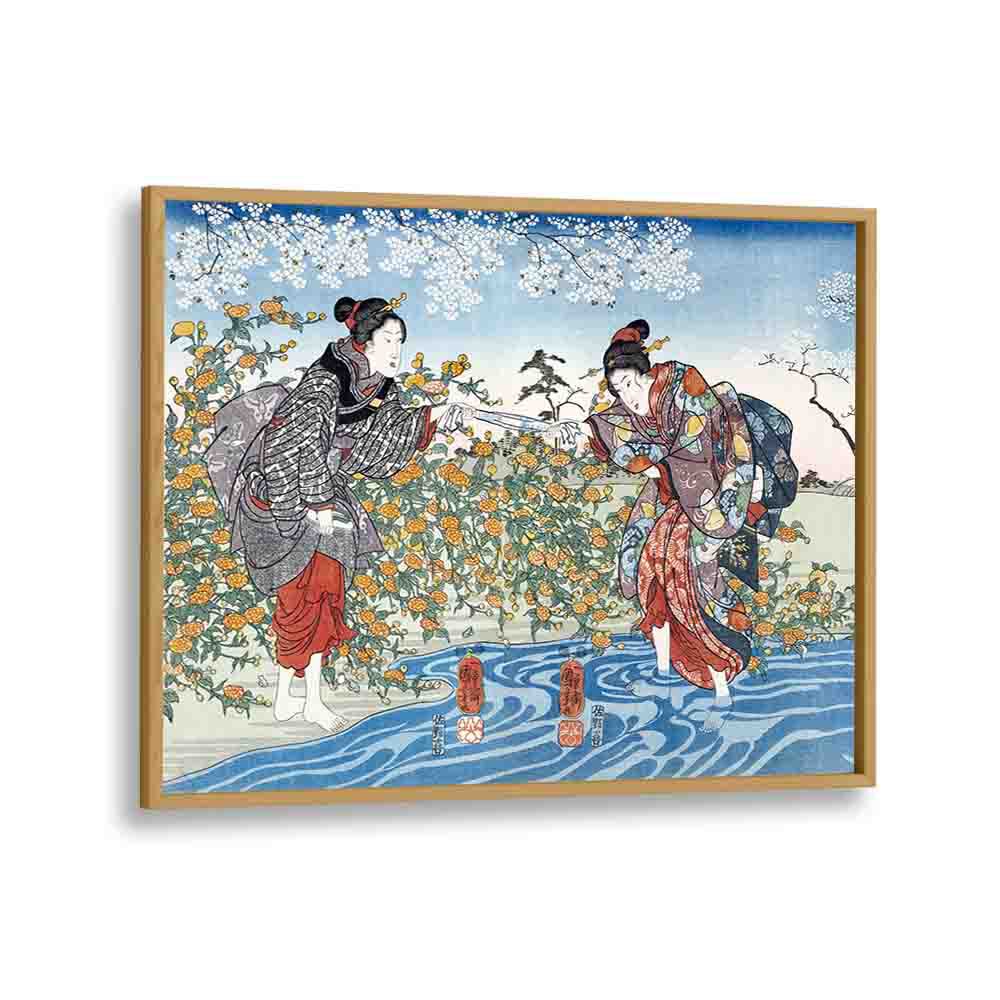 Japanese Girls By Ide Tama River 1847 By Utagawa Kuniyoshi Japanese Paintings in Oak Wood Plain Frame