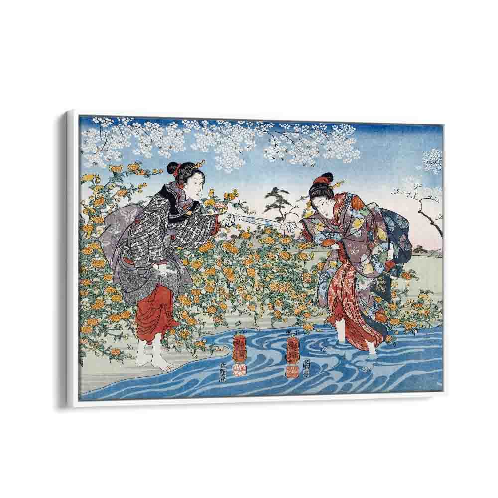 Japanese Girls By Ide Tama River 1847 By Utagawa Kuniyoshi Japanese Paintings in White Floater Frame