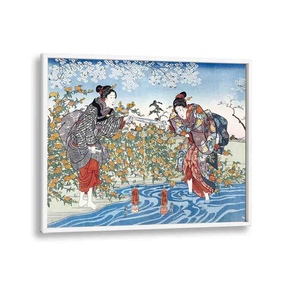 Japanese Girls By Ide Tama River 1847 By Utagawa Kuniyoshi Japanese Paintings in White Plain Frame