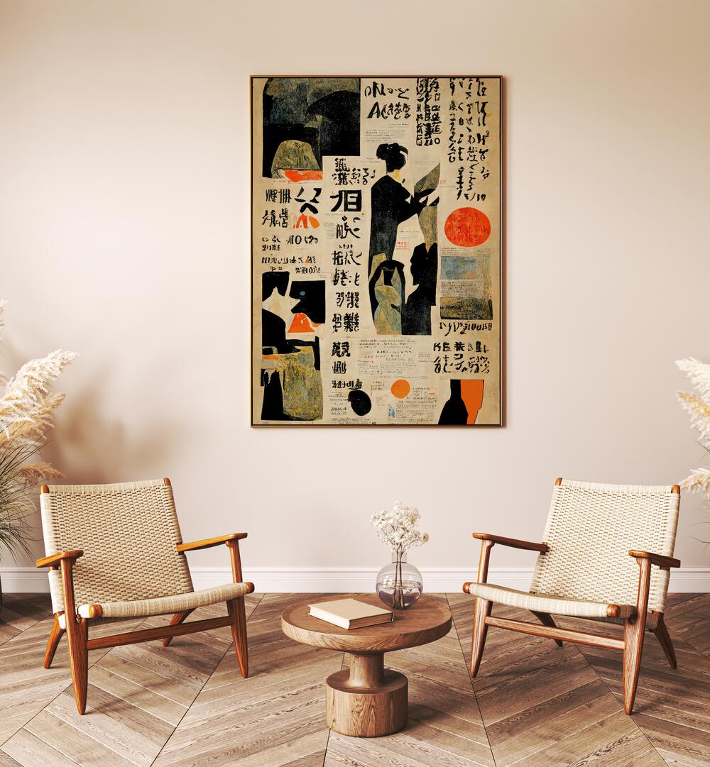 Japanese Newspaper II By Treechild Wall Art Prints in Dark Wood Plain Frame placed on a Cream Colored Wall in the Drawing Room