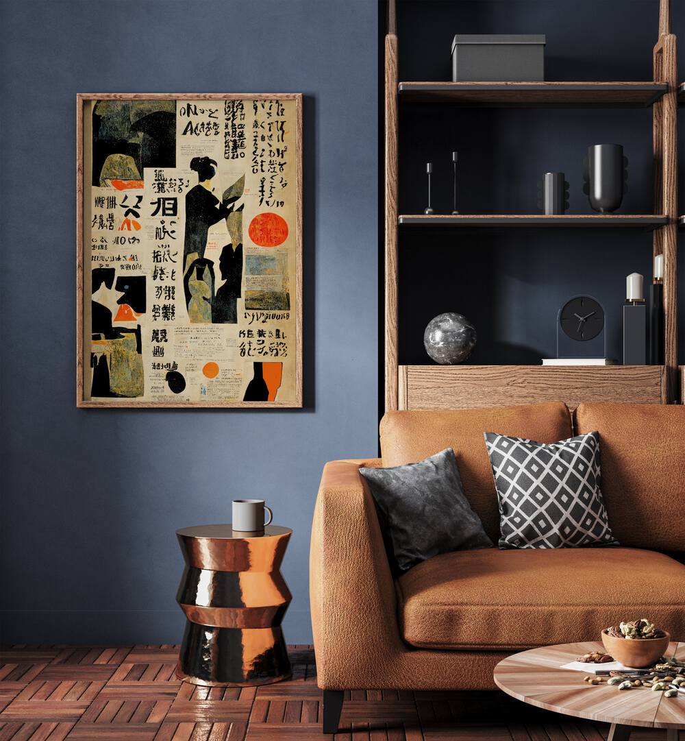 Japanese Newspaper II By Treechild Wall Art Prints in Oak Wood Plain Frame placed on a Blue Colored Wall near a Brown Sofa in the Living Room