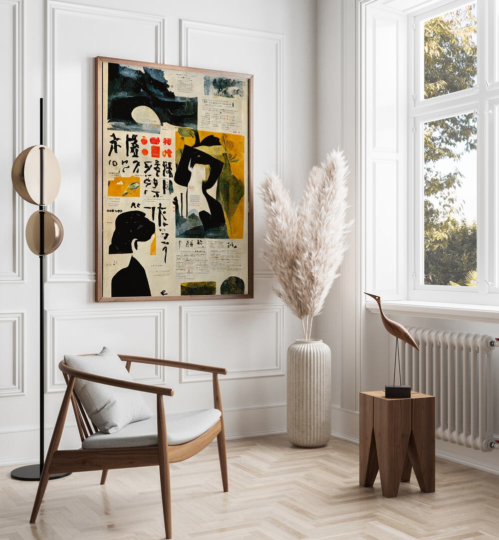 Japanese Newspaper III By Treechild Wall Art Prints in Dark Wood Plain Frame placed on a White Colored Wall in the Drawing Room