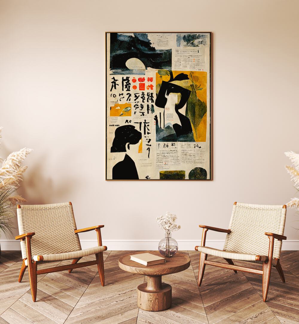 Japanese Newspaper III By Treechild Wall Art Prints in Dark Wood Plain Frame placed on a Cream Colored Wall in the Drawing Room