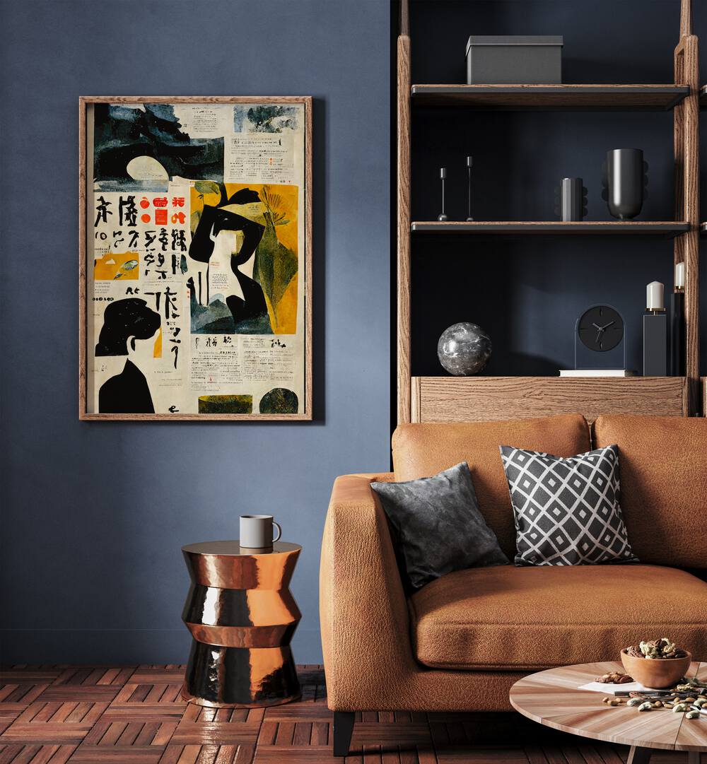 Japanese Newspaper III By Treechild Wall Art Prints in Oak Wood Plain Frame placed on a Blue Colored Wall near a Brown Sofa in the Living Room