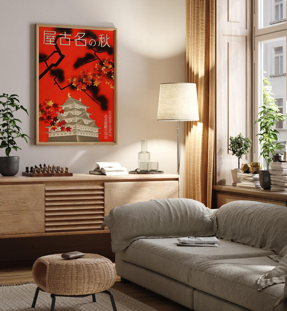 Japanese Temple  Vintage Travel Posters in Oak Wood Plain Frame placed on a wall behind a console table