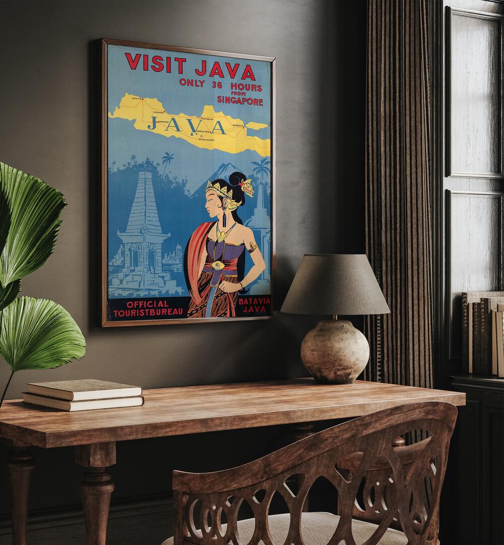 Java Retro Vintage Travel Vintage Travel Posters in Dark Wood Plain Frame on a wall above a study table beside a lamp