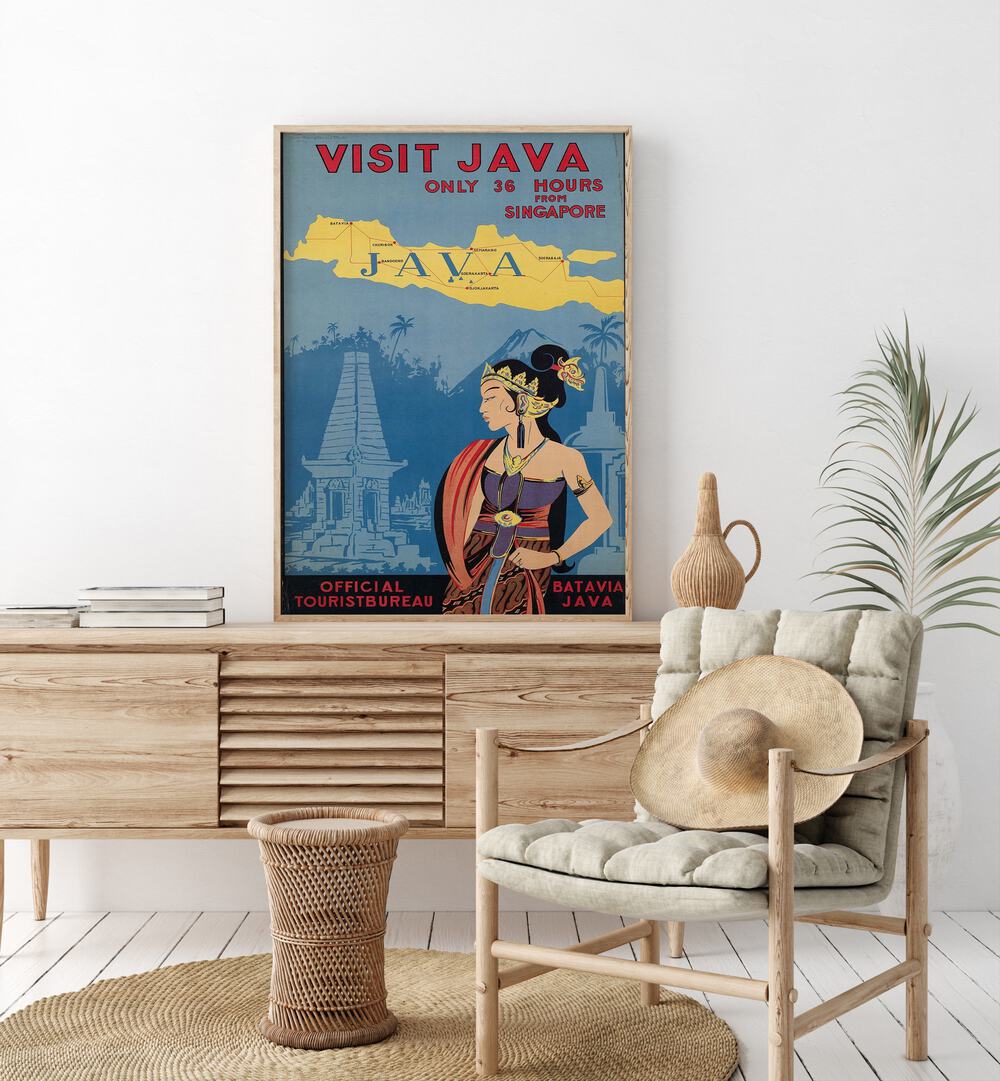 Java Retro Vintage Travel Vintage Travel Posters in Oak Wood Plain Frame