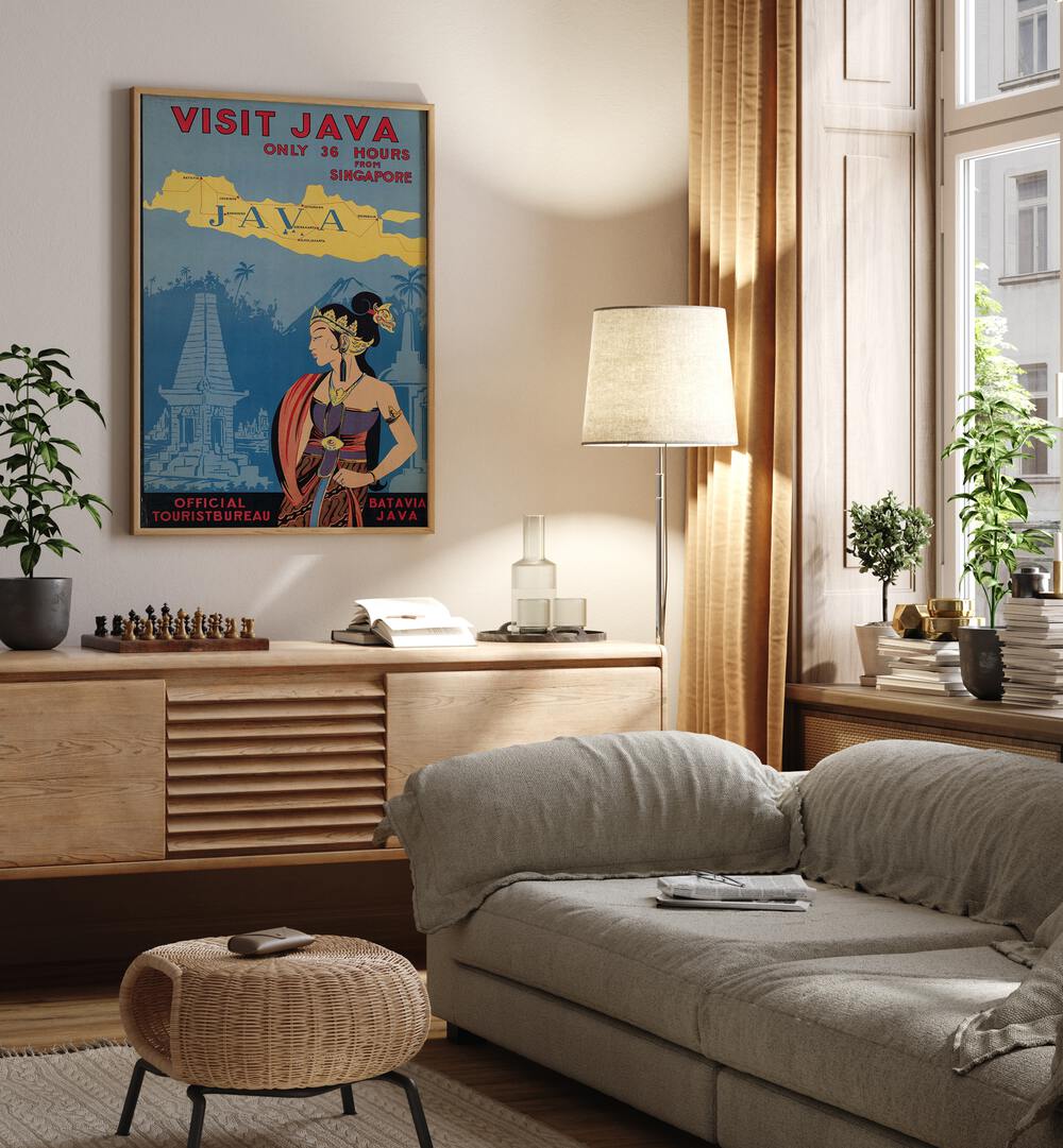 Java Retro Vintage Travel Vintage Travel Posters in Oak Wood Plain Frame on a wall above a console table beside a lamp