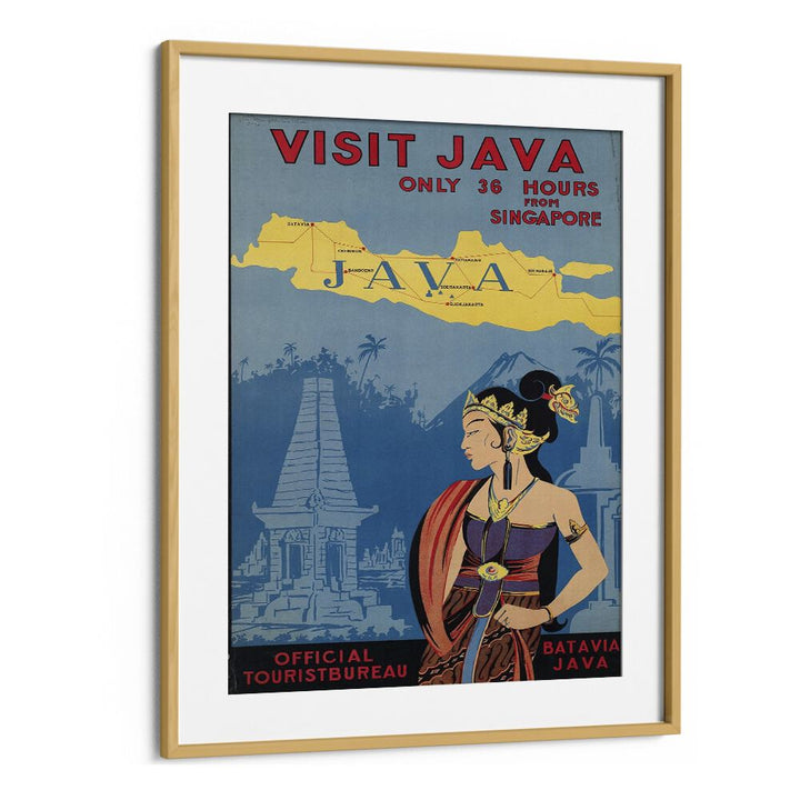 Java Retro Vintage Travel Vintage Travel Posters in Oak Wood Frame With Mount